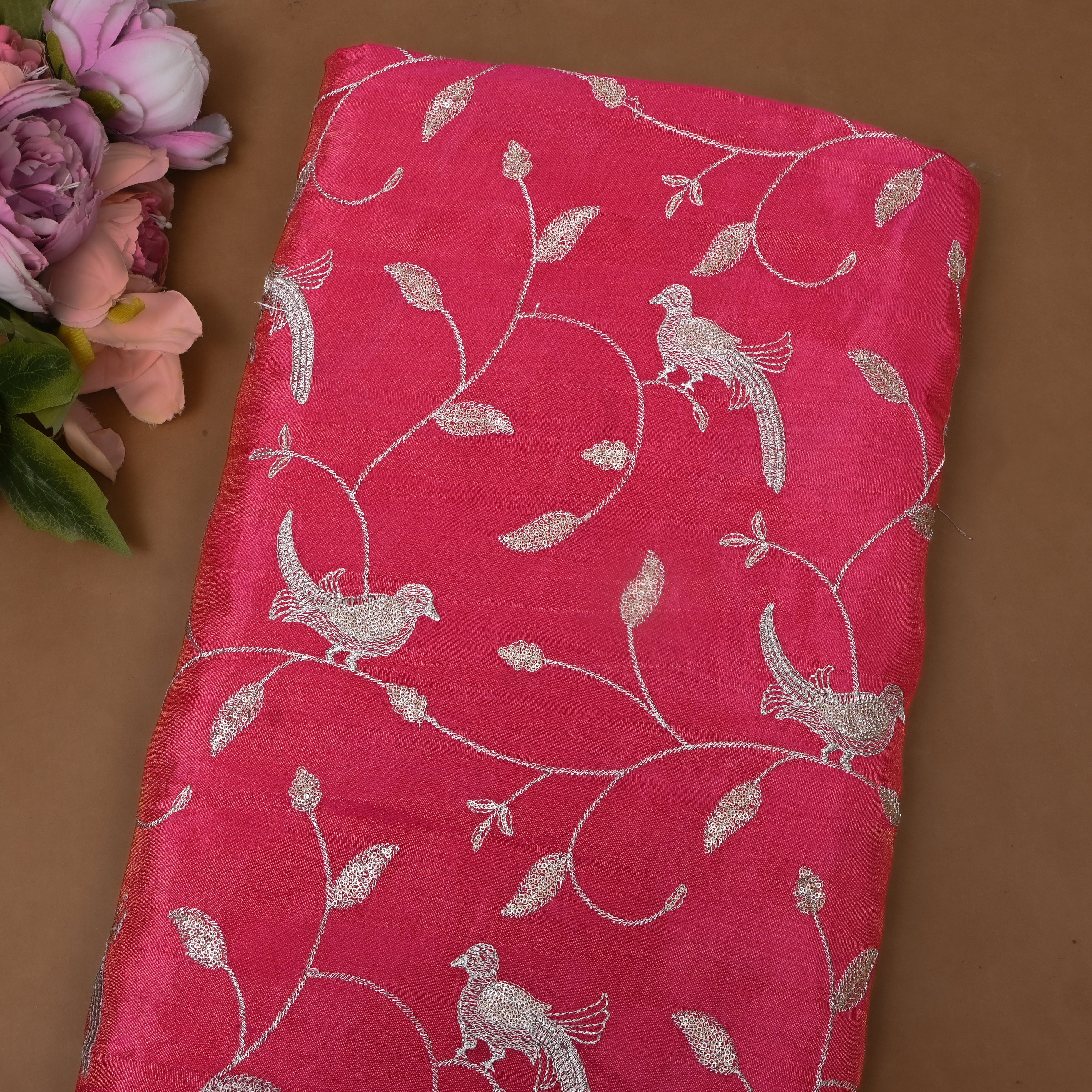 Rani Pink Bird Vine Embroidery Tissue Fabric