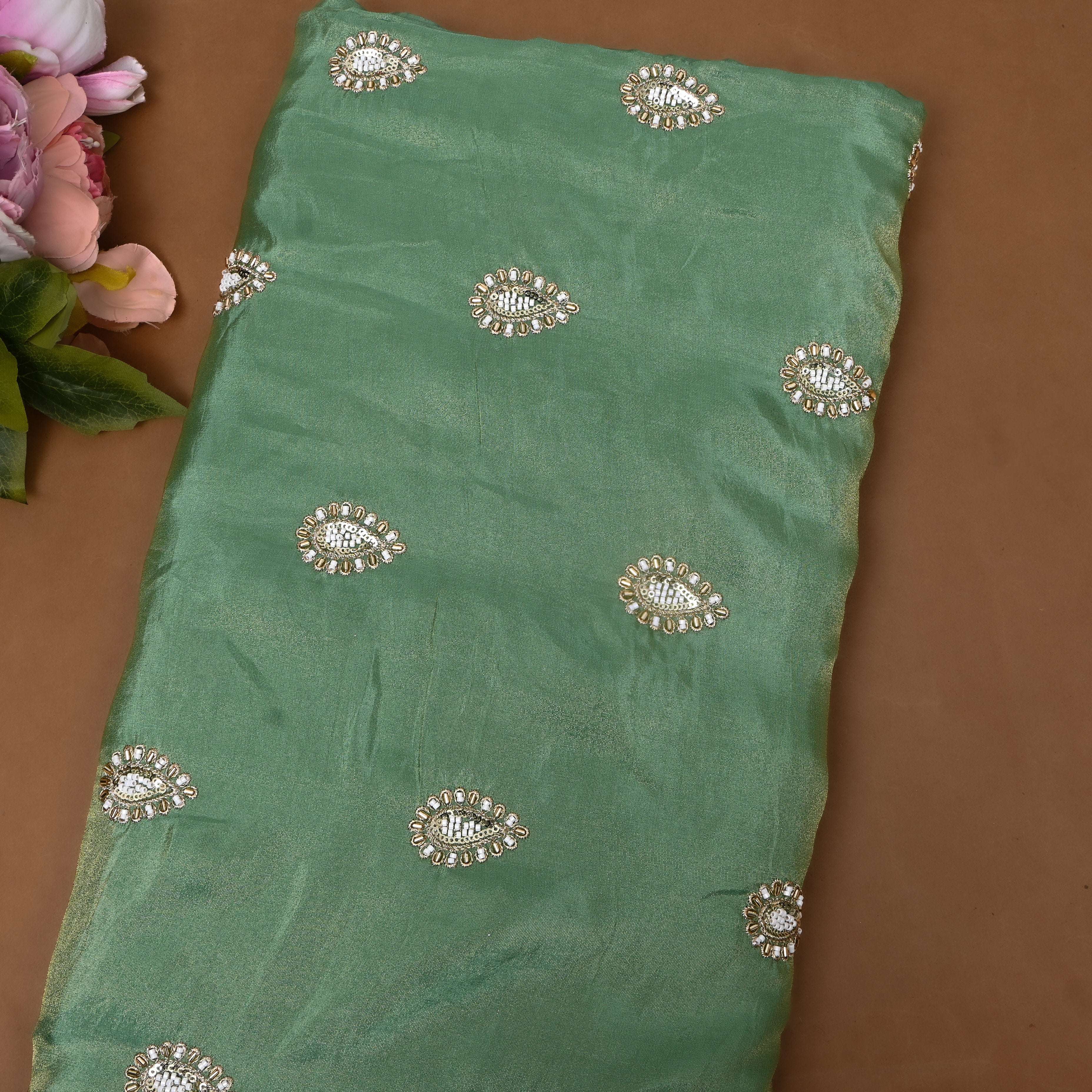 Bottle Green Zari Booti Embroidered Tissue Fabric