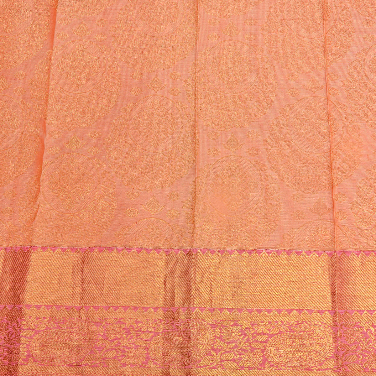 Melon Gold Zari Butti Pink Border Kanjivaram Silk Fabric