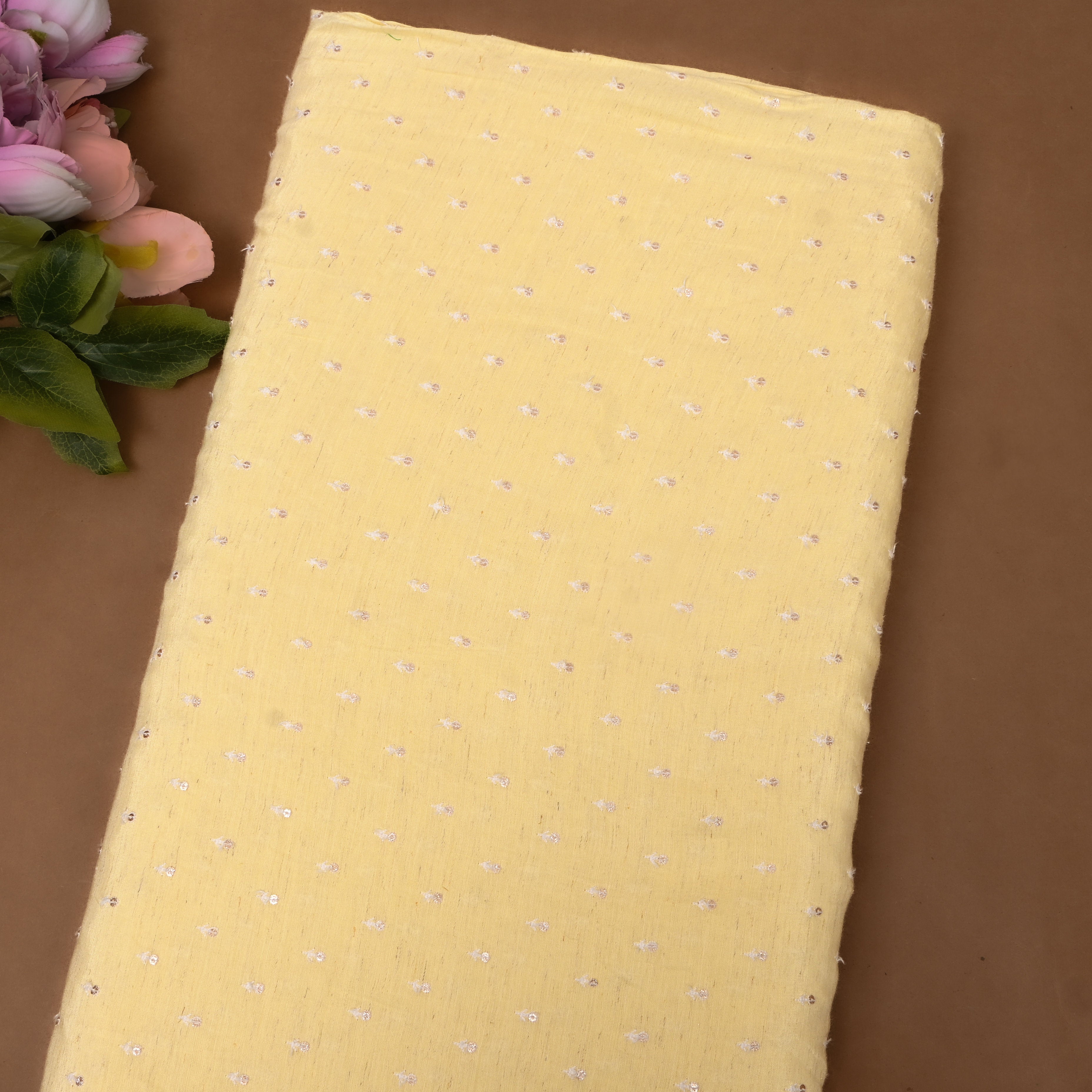 Butter Yellow Sequin Buti Embroidery Silk Fabric
