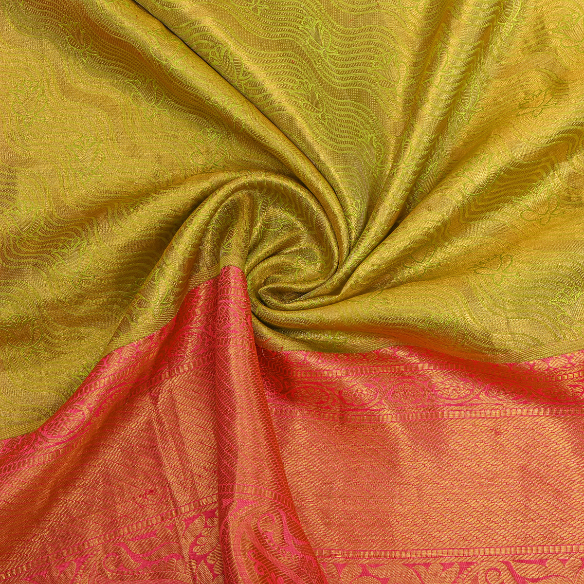 Khaki Gold Zari Zigzag Striped Pink Border Kanjivaram Silk Fabric