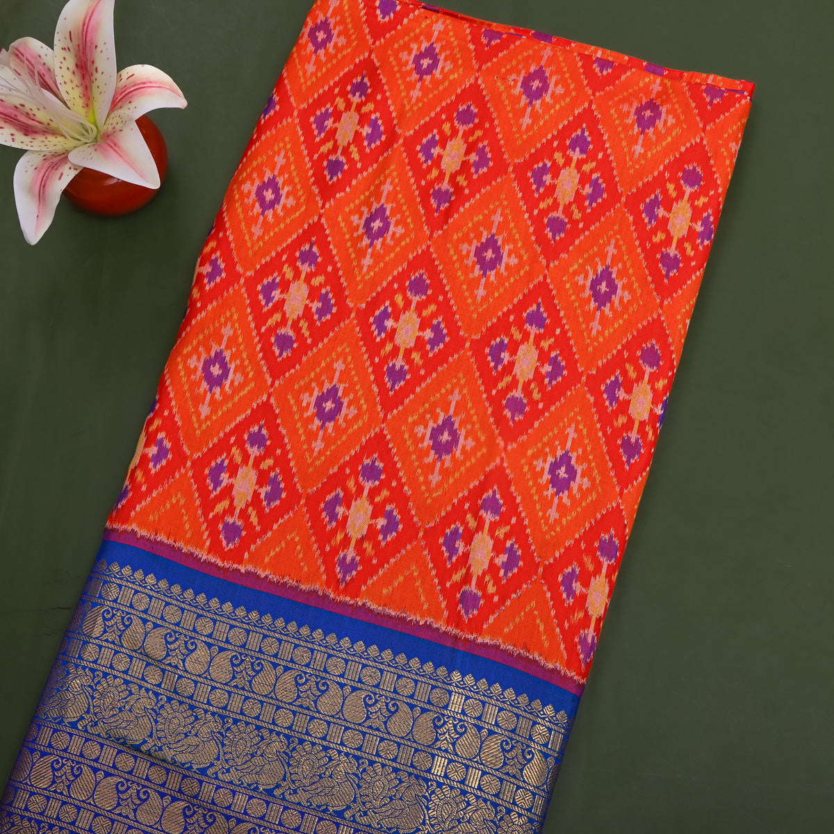 Bright Orange Multi Ikat Silk Fabric