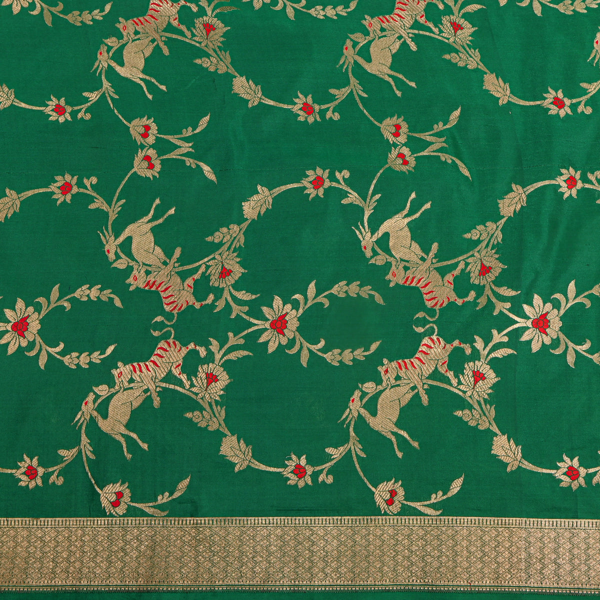 Emerald Green Gold Zari Tiger Deer Jaal Jamawar Silk Fabric