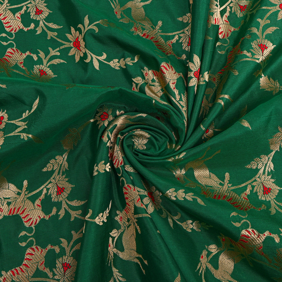 Emerald Green Gold Zari Tiger Deer Jaal Jamawar Silk Fabric