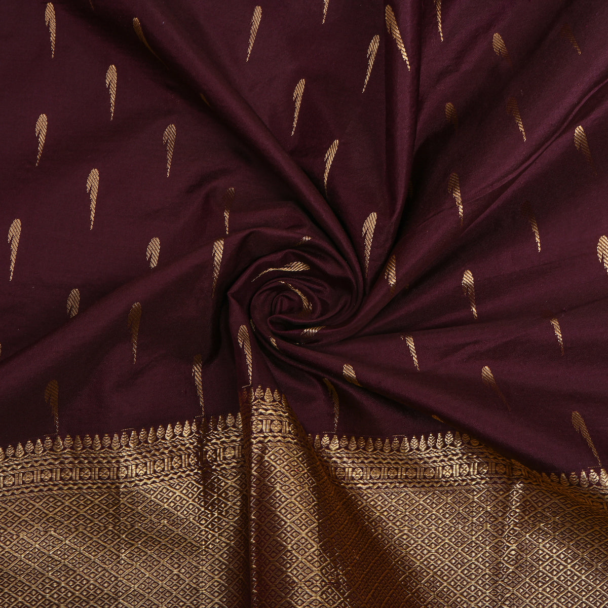 Mulberry Gold Zari Muniya Jamawar Silk Fabric With Broad Border