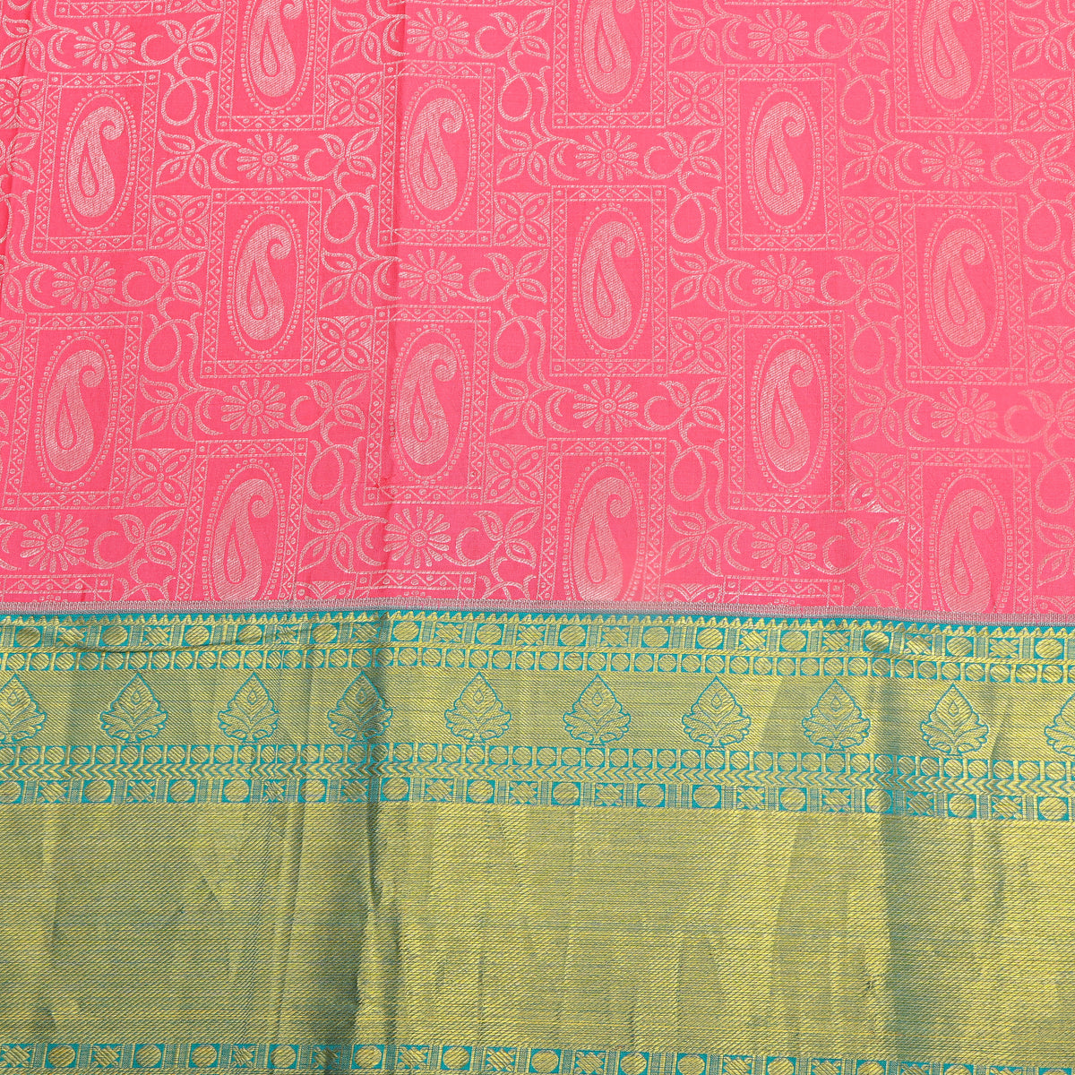 Watermelon Dual Tone Zari Paisley Green Border Kanjivaram Silk Fabric