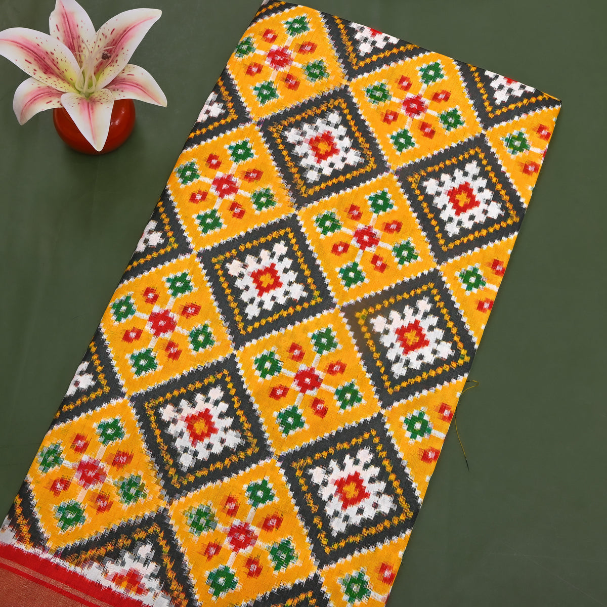 Marigold Black Ikat Silk Fabric