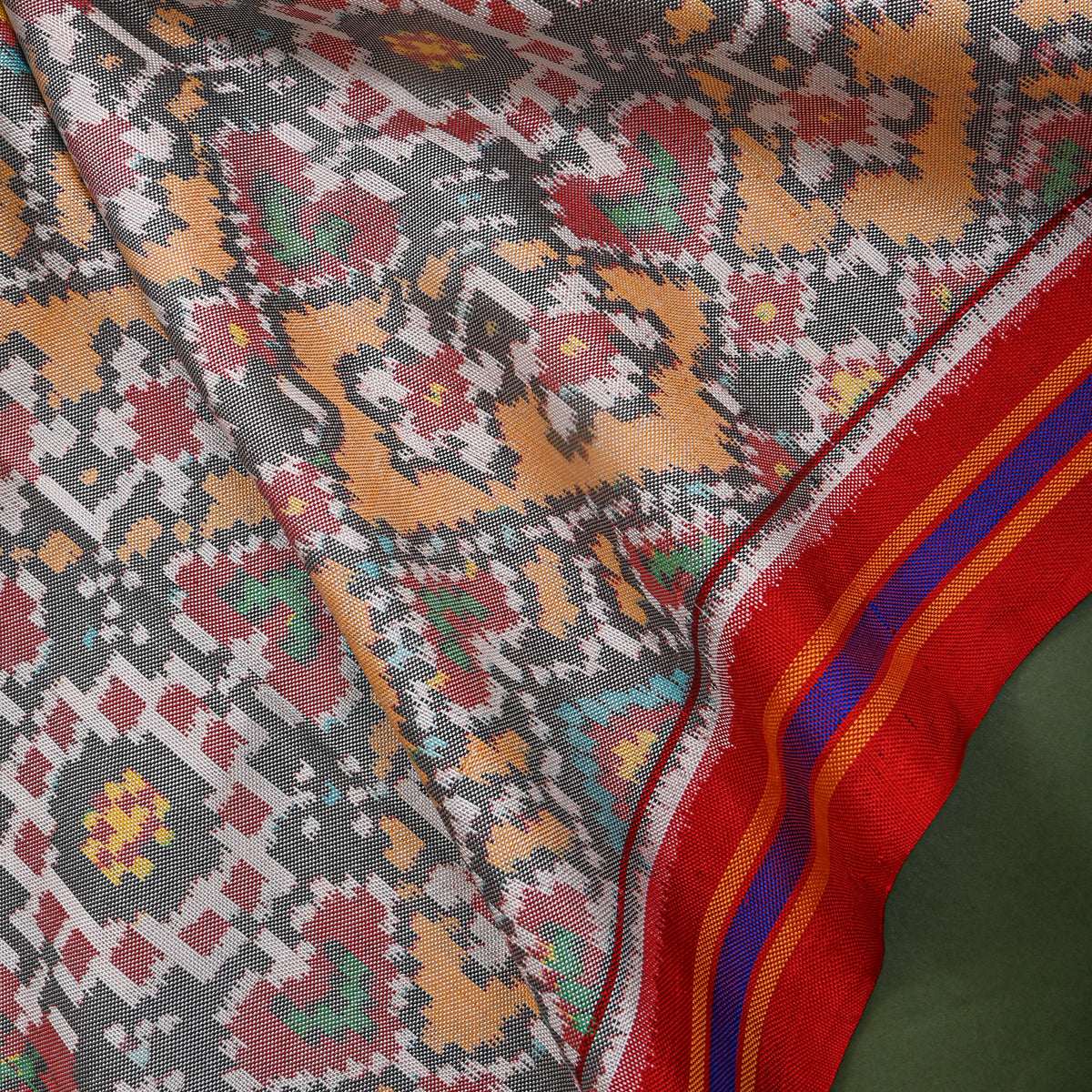 Saffron Cream Ikat Self Weave Silk Fabric