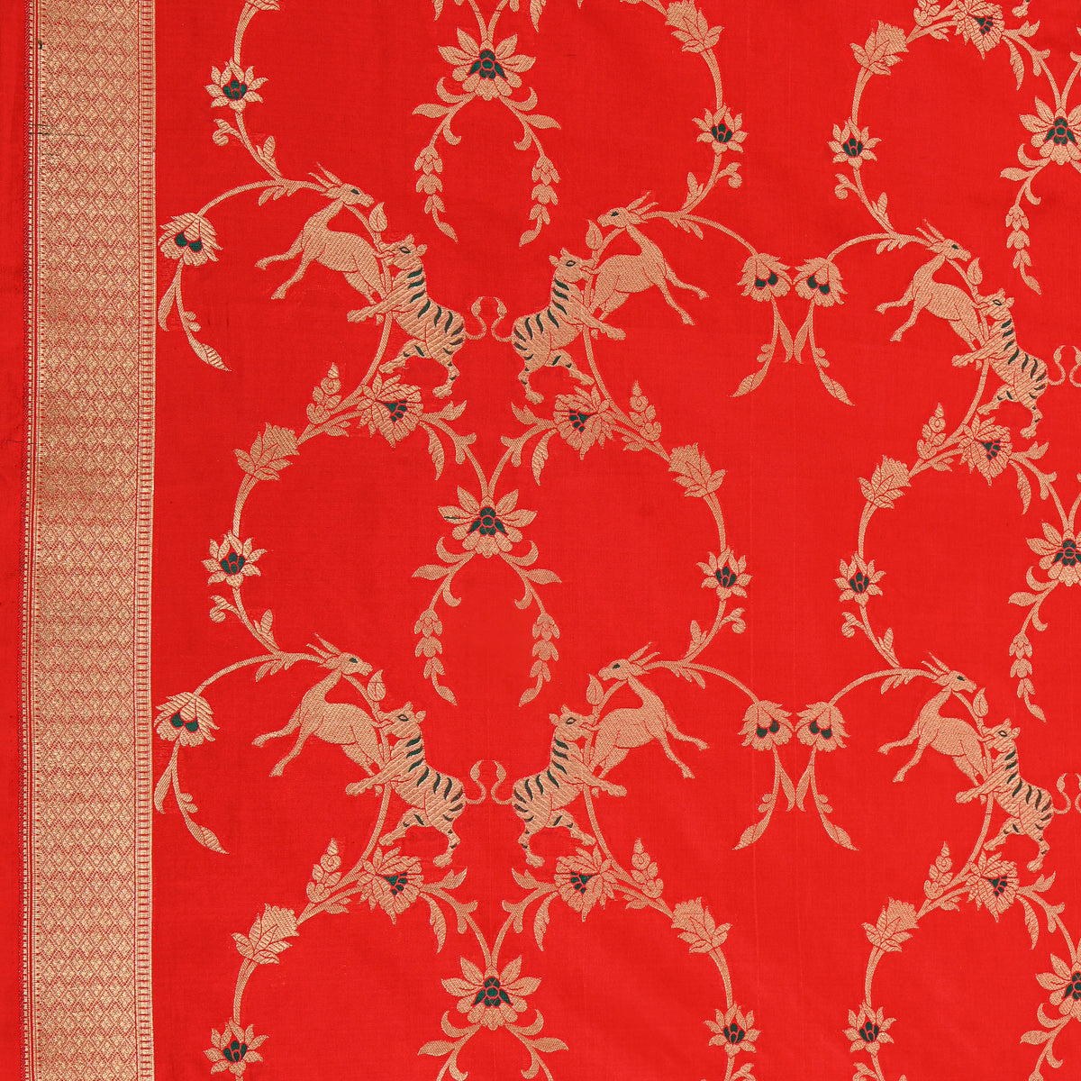 Vermilion Red Gold Zari Tiger Deer Jaal Jamawar Silk Fabric