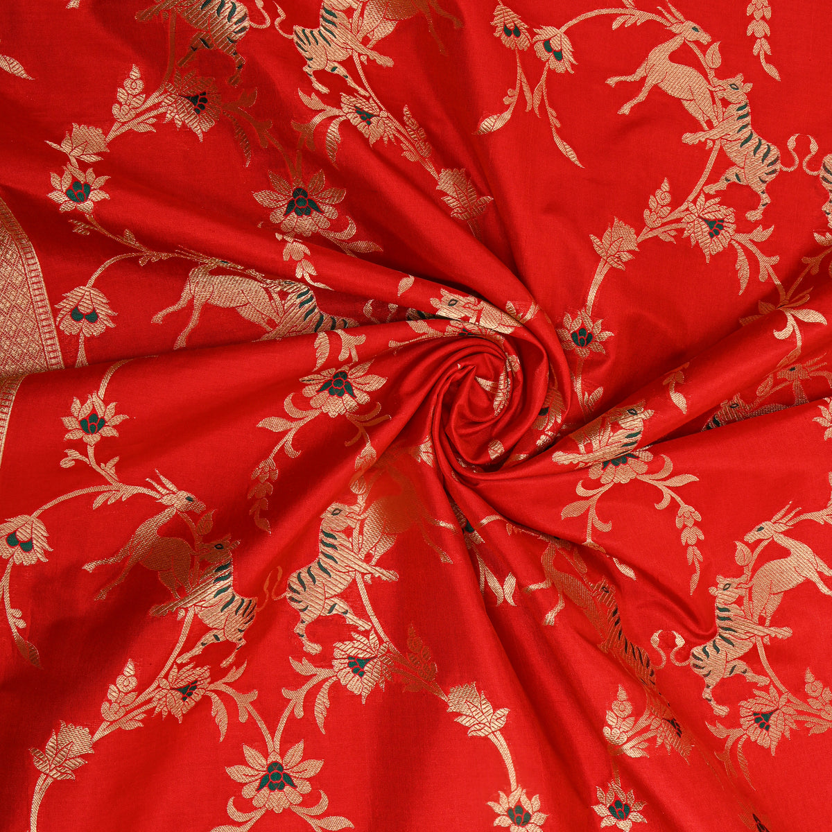 Vermilion Red Gold Zari Tiger Deer Jaal Jamawar Silk Fabric