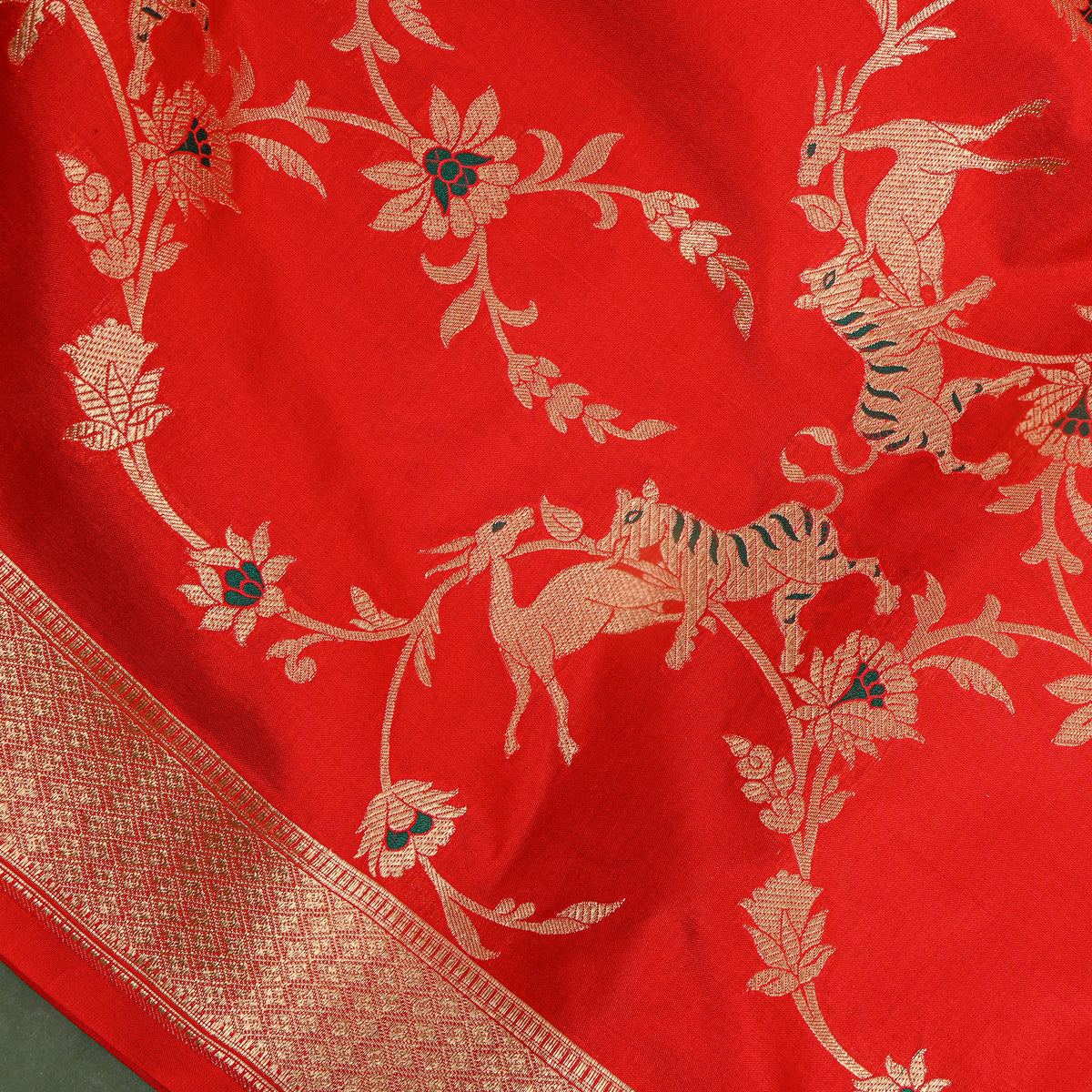 Vermilion Red Gold Zari Tiger Deer Jaal Jamawar Silk Fabric