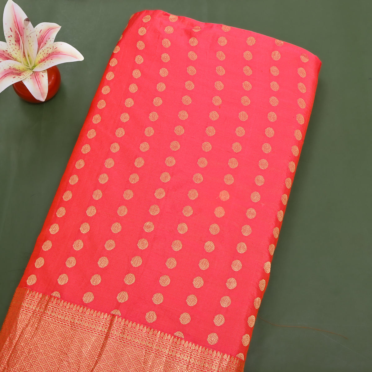 Watermelon Pink Gold Zari Butti Jamawar Silk Fabric With Broad Border
