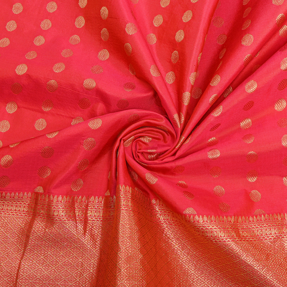 Watermelon Pink Gold Zari Butti Jamawar Silk Fabric With Broad Border