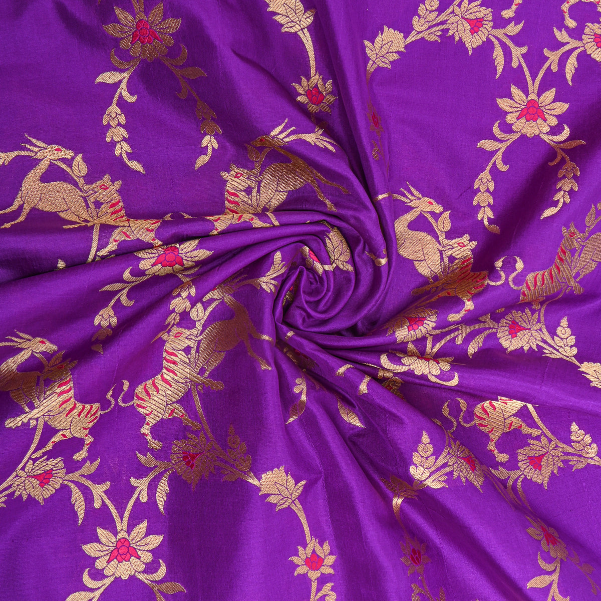 Grape Purple Gold Zari Tiger Deer Jaal Jamawar Silk Fabric