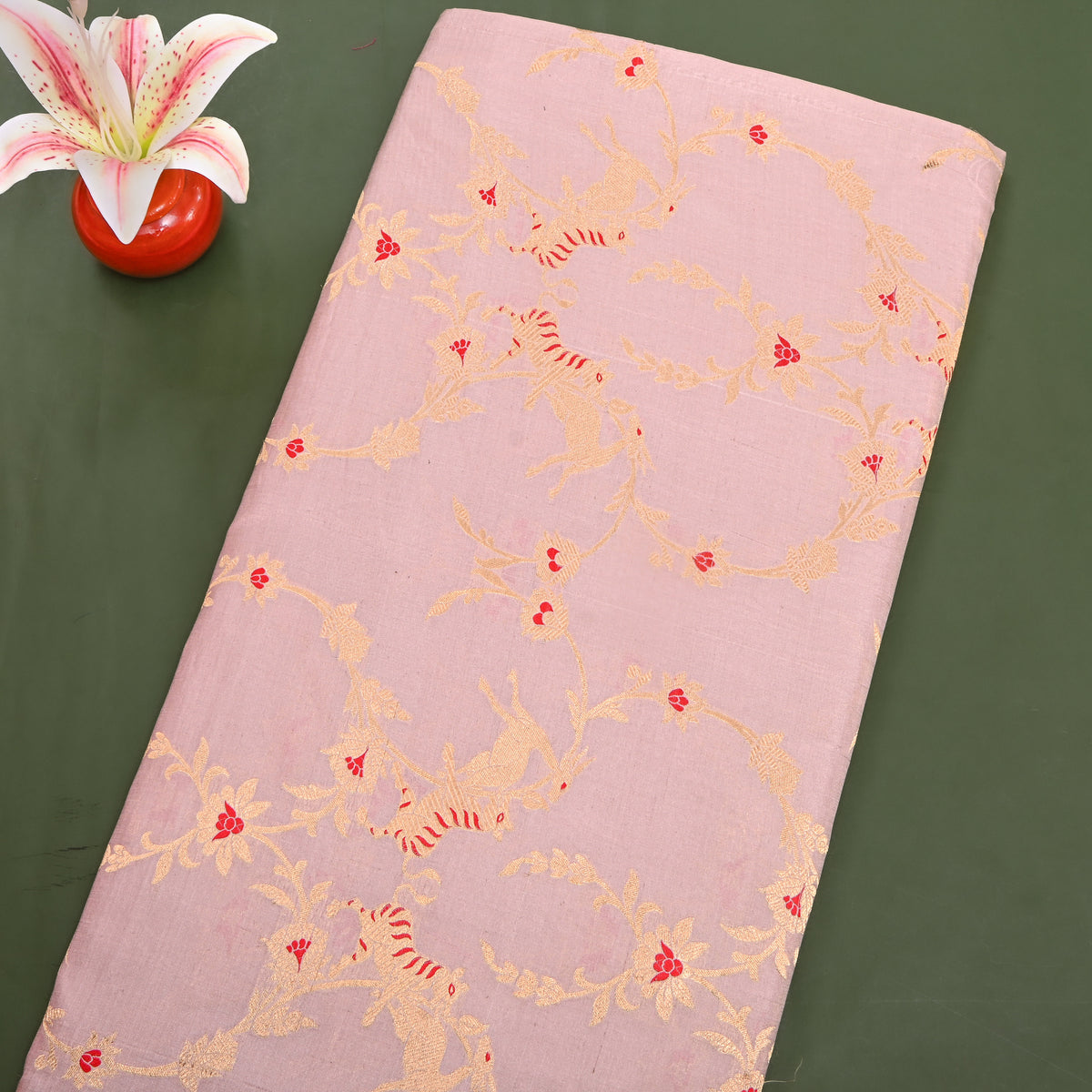 Wisteria Mauve Gold Zari Tiger Deer Jaal Jamawar Silk Fabric