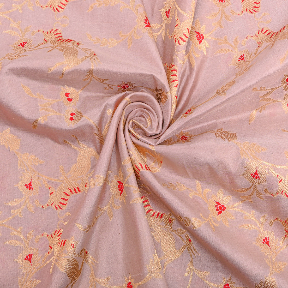 Wisteria Mauve Gold Zari Tiger Deer Jaal Jamawar Silk Fabric