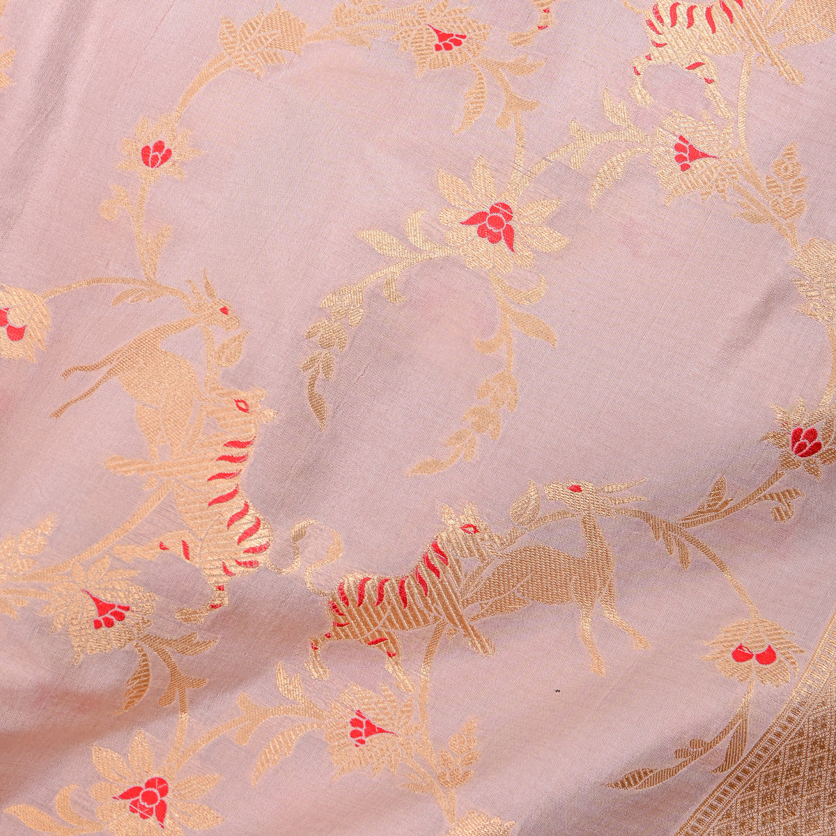 Wisteria Mauve Gold Zari Tiger Deer Jaal Jamawar Silk Fabric