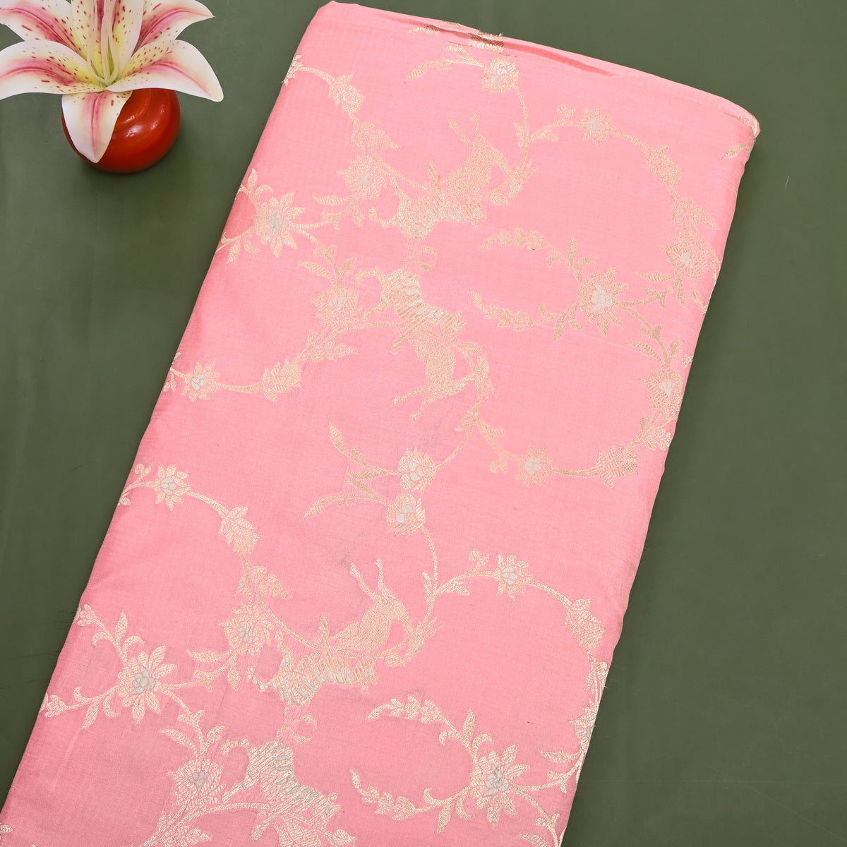 Salmon Pink Antique Gold Zari Tiger Deer Jaal Jamawar Silk Fabric
