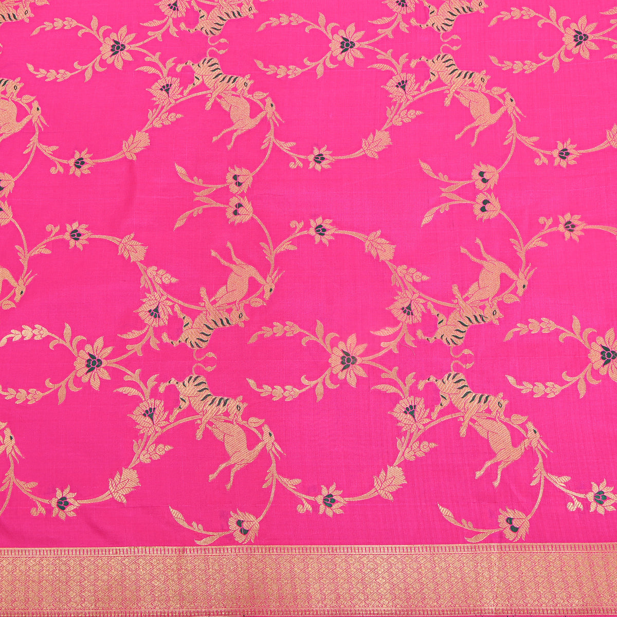 Peony Pink Gold Zari Tiger Deer Jaal Jamawar Silk Fabric