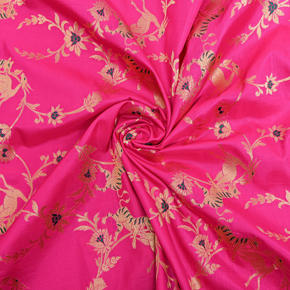 Peony Pink Gold Zari Tiger Deer Jaal Jamawar Silk Fabric