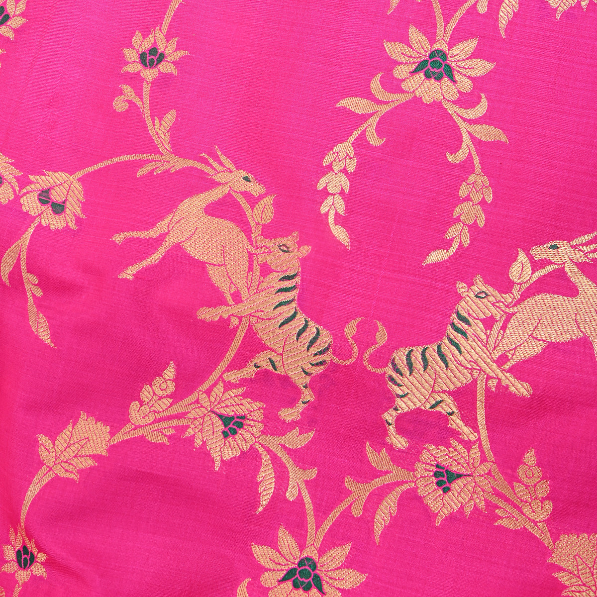 Peony Pink Gold Zari Tiger Deer Jaal Jamawar Silk Fabric