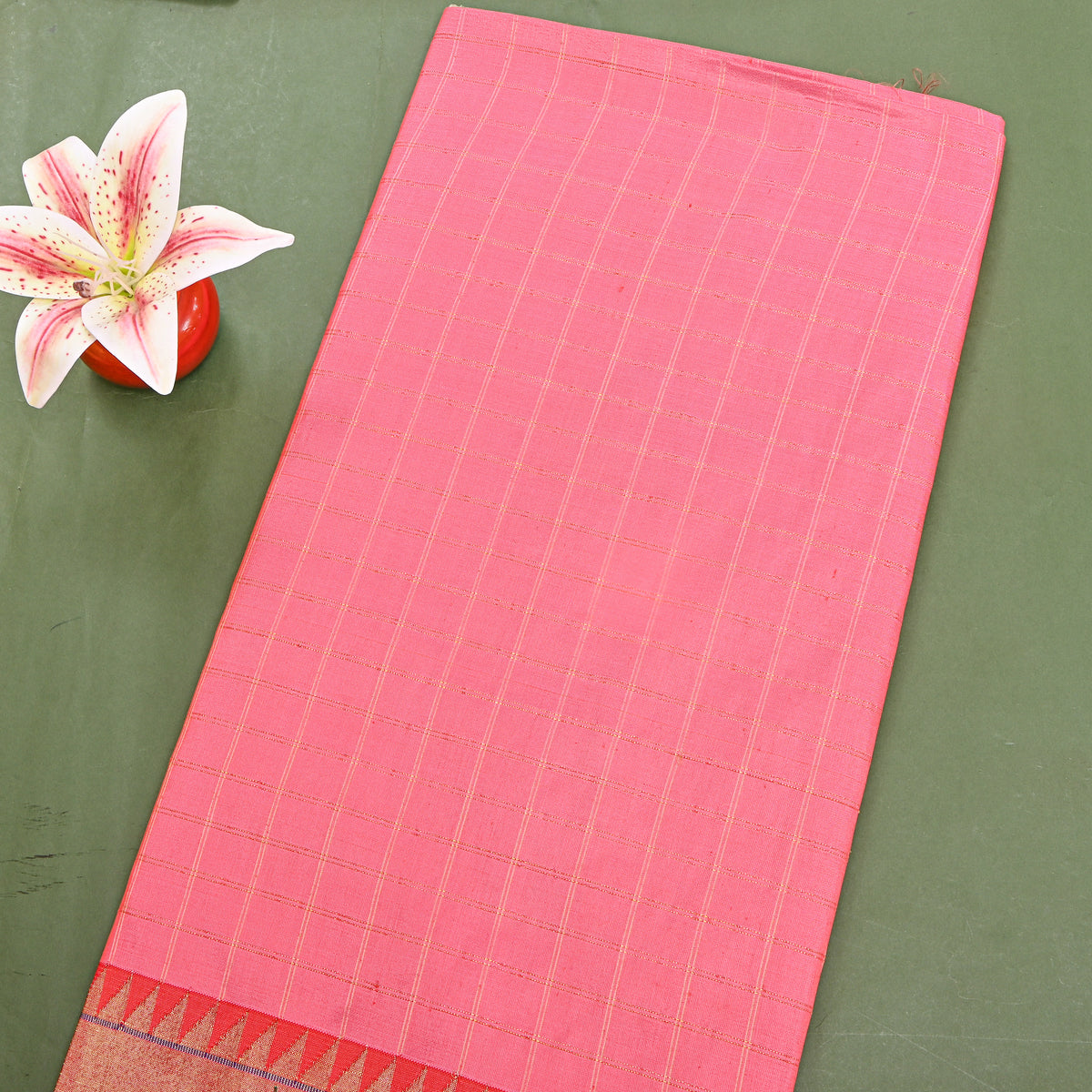Salmon Gold Paithani Weave Silk Fabric