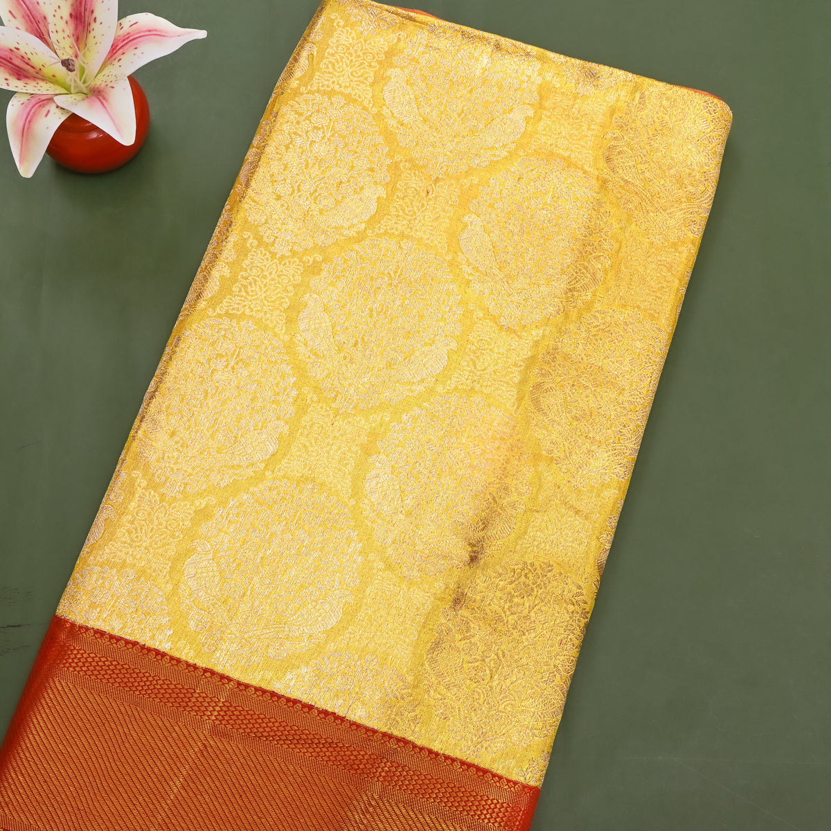 Pear Gold Zari Butti Red Border Kanjivaram Silk Fabric