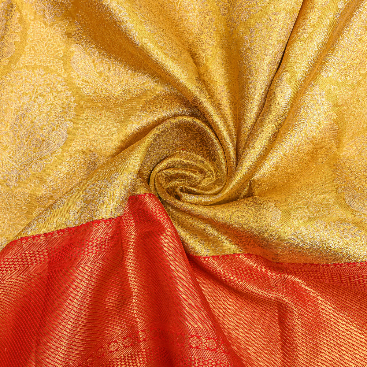 Pear Gold Zari Butti Red Border Kanjivaram Silk Fabric