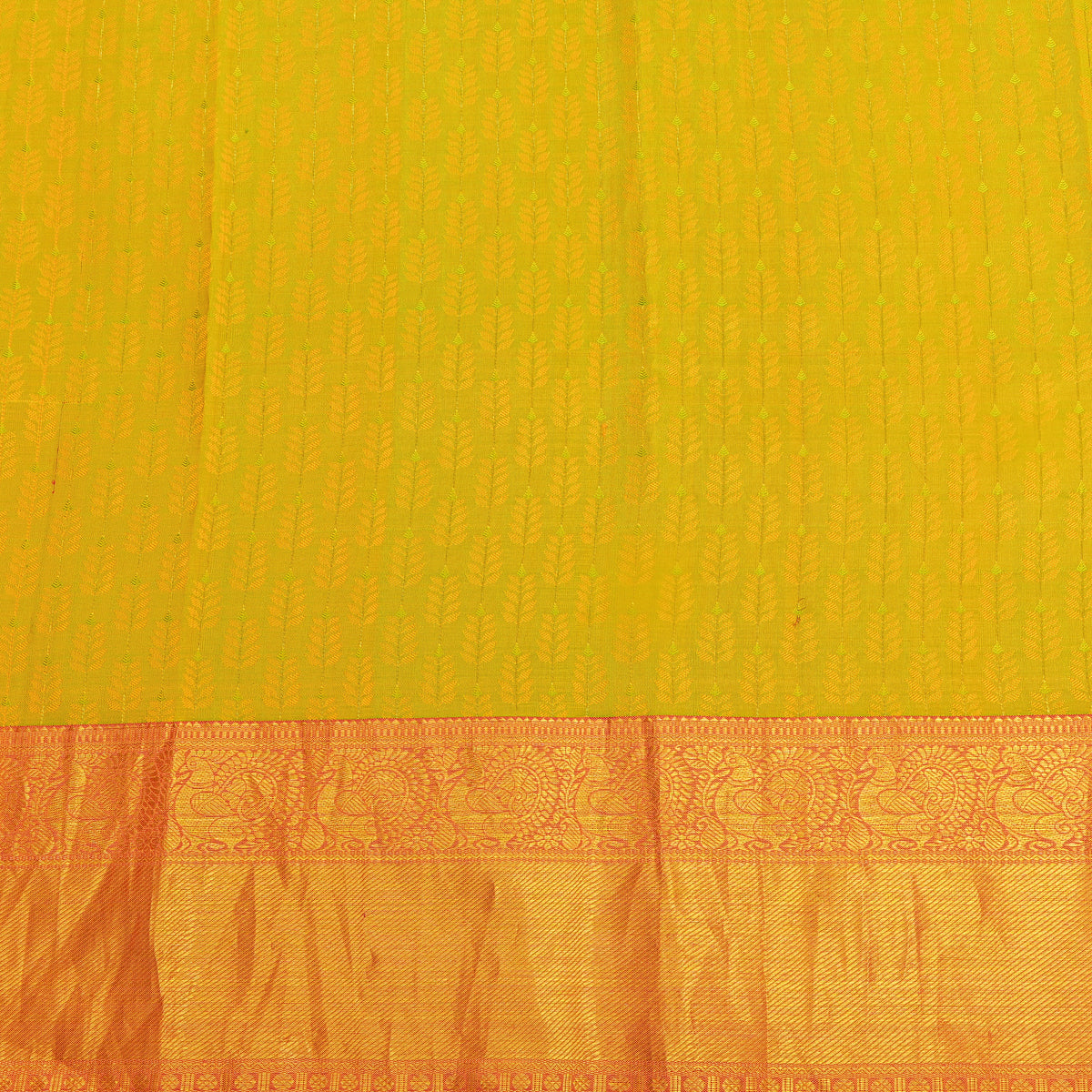 Lime Gold Zari Leaf Butti Red Border Kanjivaram Silk Fabric