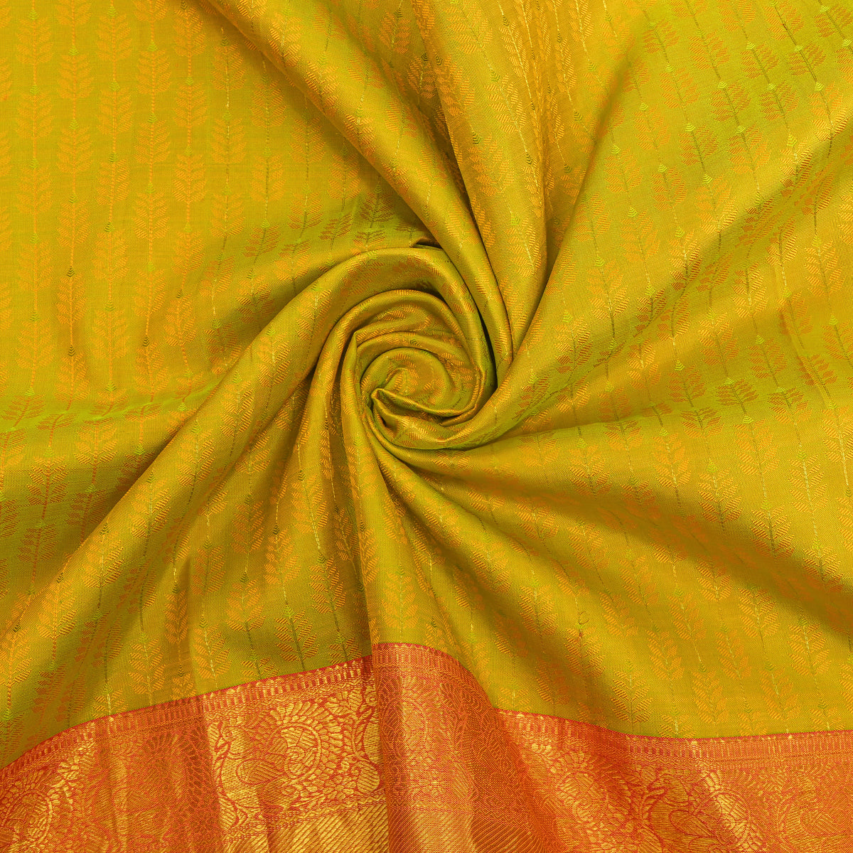 Lime Gold Zari Leaf Butti Red Border Kanjivaram Silk Fabric