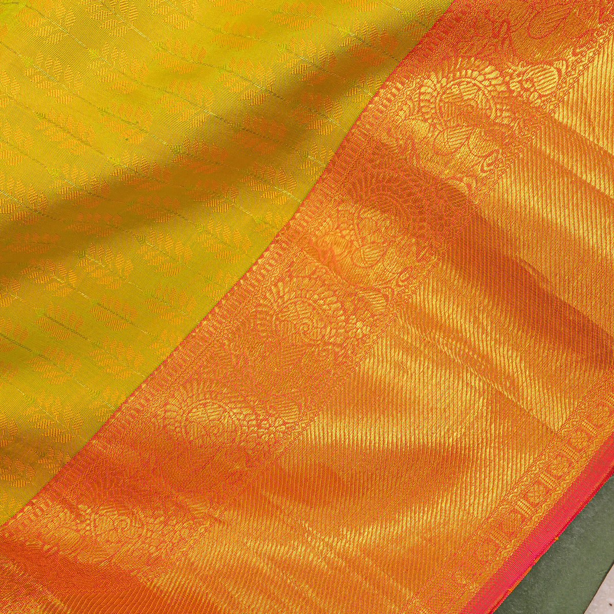 Lime Gold Zari Leaf Butti Red Border Kanjivaram Silk Fabric