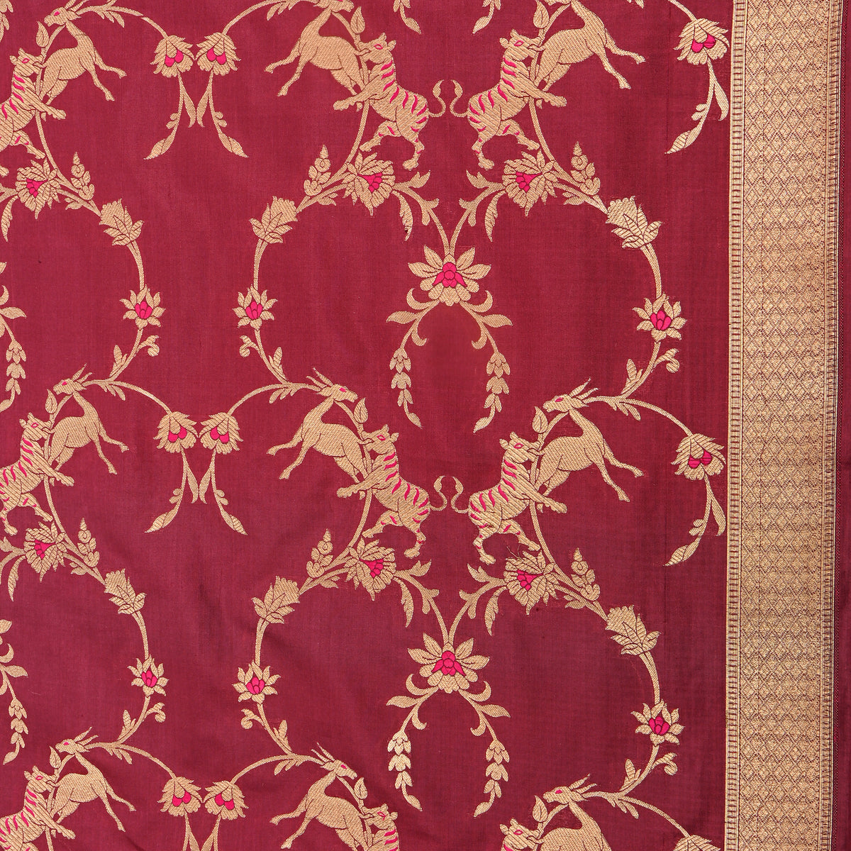 Cranberry Maroon Gold Zari Tiger Deer Jaal Jamawar Silk Fabric