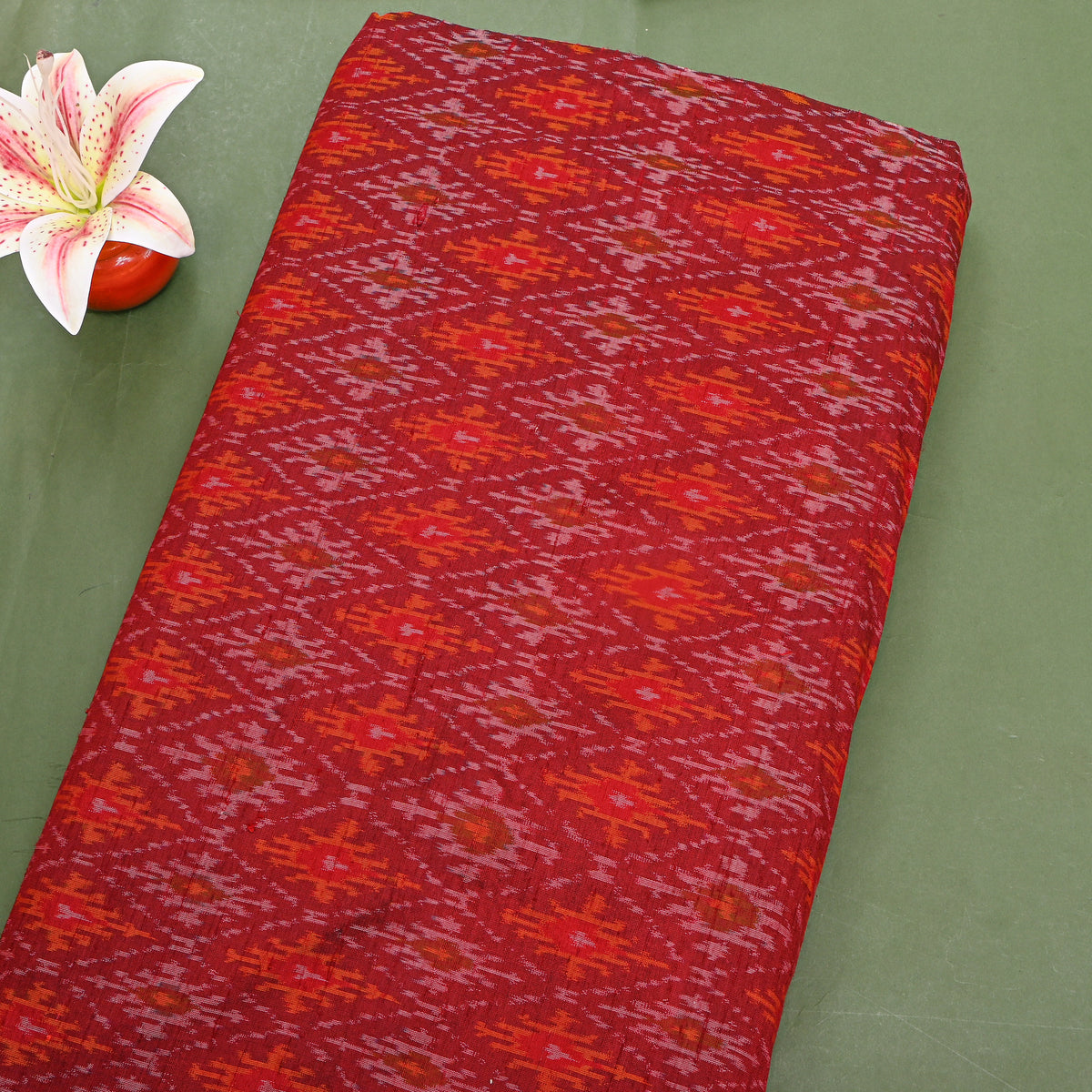 Scarlet Red Geometric Diamond Ikat Printed Dupion Silk Fabric