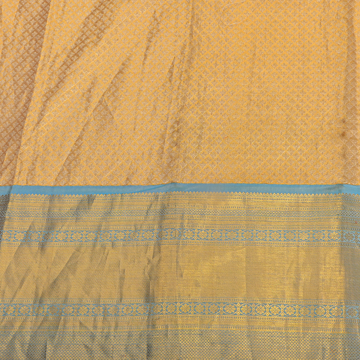Butterscotch Gold Zari Checks Butti Blue Border Kanjivaram Silk Fabric