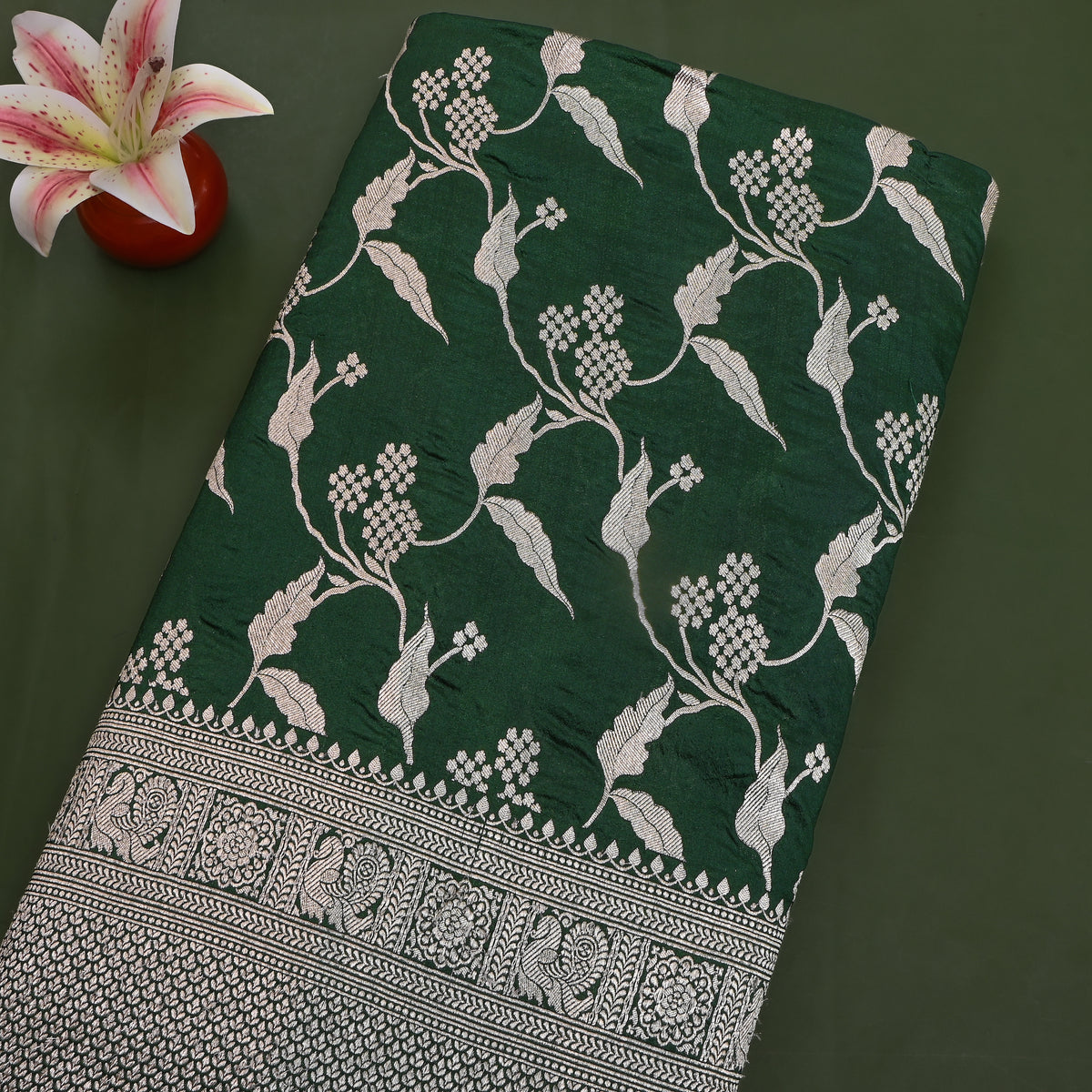 Spruce Silver Zari Floral Jaal Silver Border Jamawar Silk Fabric