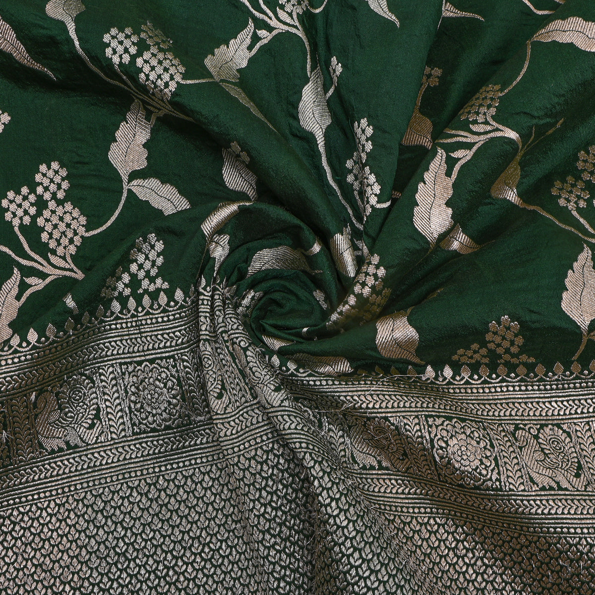 Spruce Silver Zari Floral Jaal Silver Border Jamawar Silk Fabric