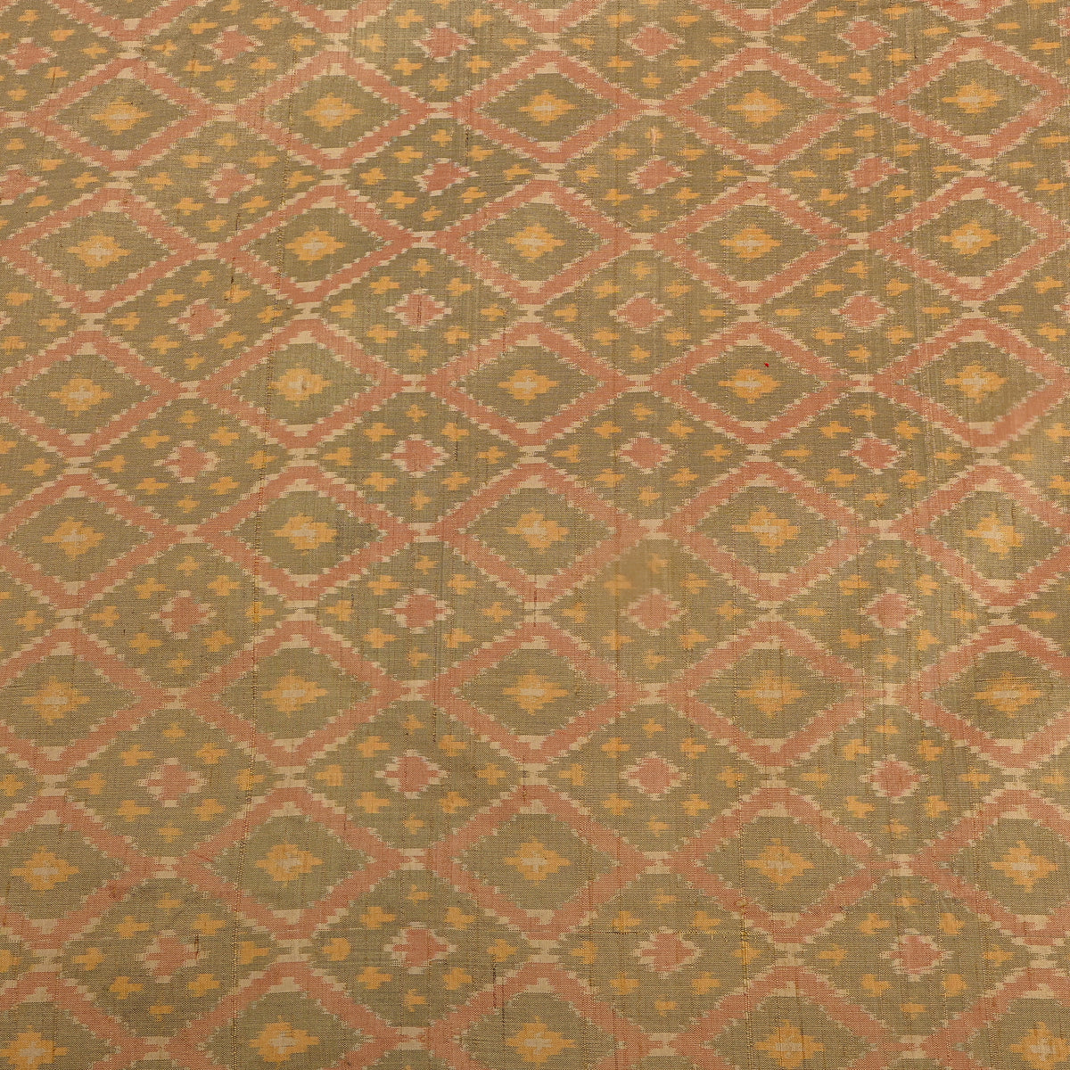 Olive Sage Diamond Lattice Ikat Dupion Silk Fabric
