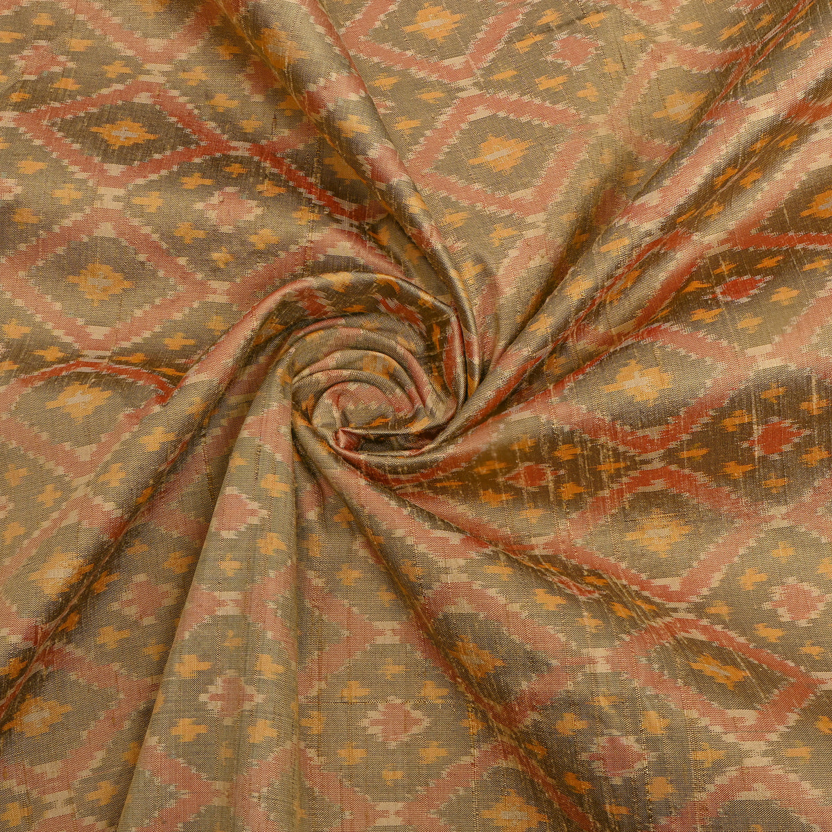 Olive Sage Diamond Lattice Ikat Dupion Silk Fabric