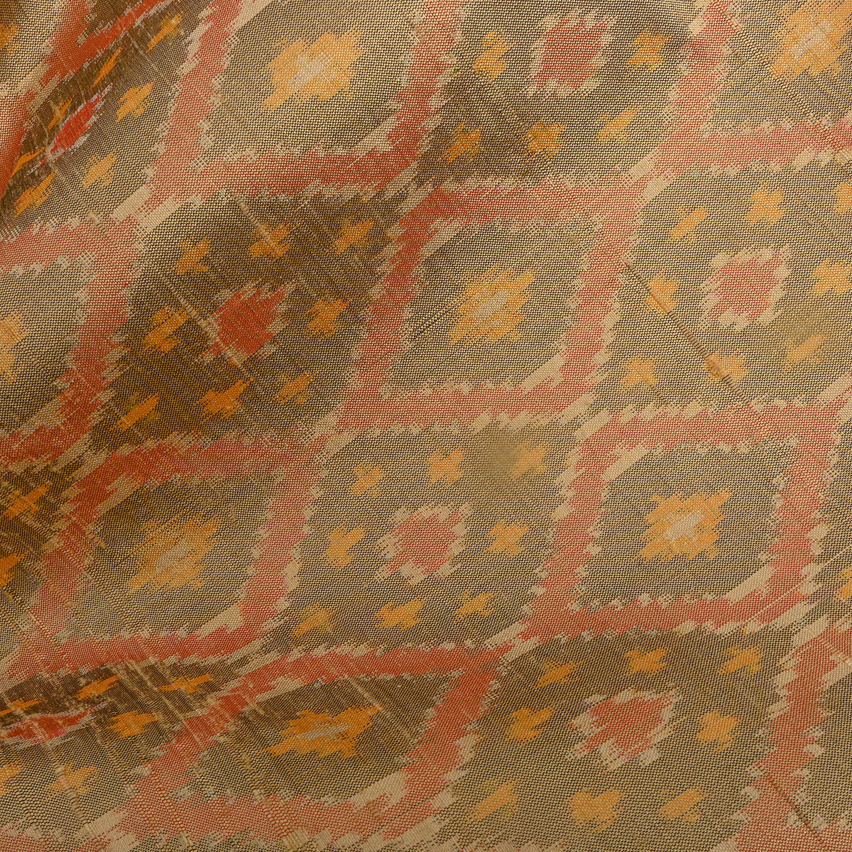 Olive Sage Diamond Lattice Ikat Dupion Silk Fabric