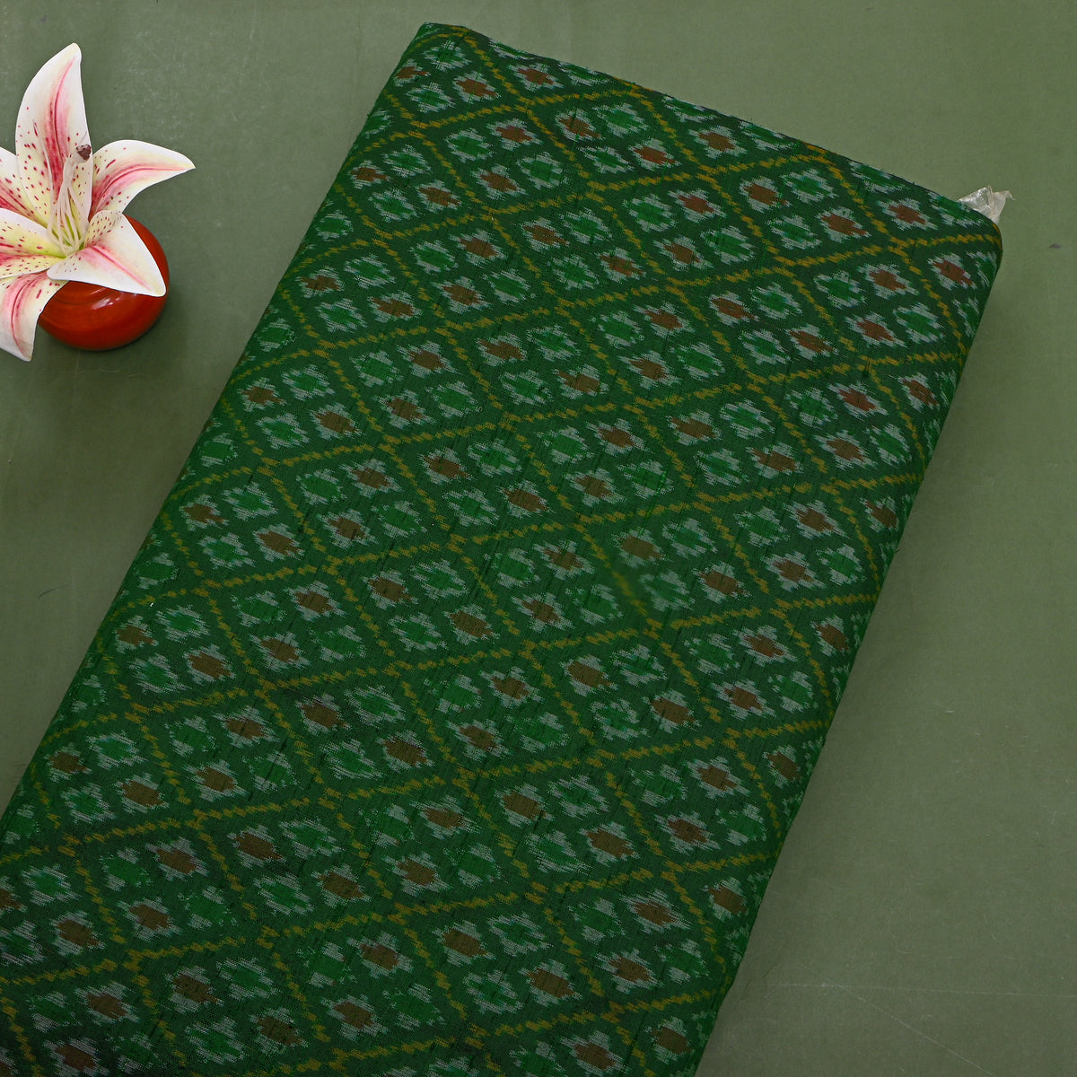 Forest Green Diamond Grid Ikat Dupion Silk Fabric