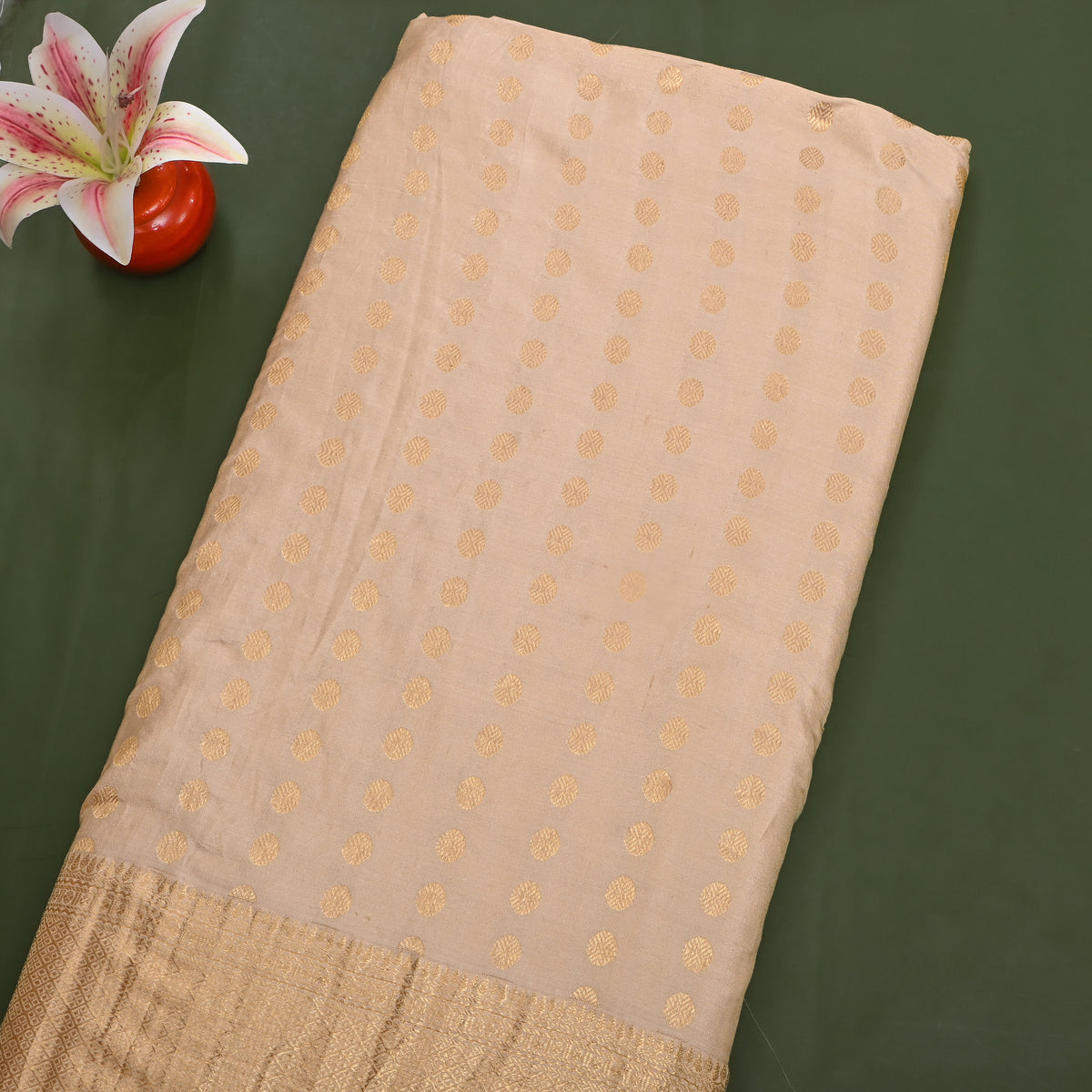 Ivory Gold Zari Butti Jamawar Silk Fabric With Broad Border