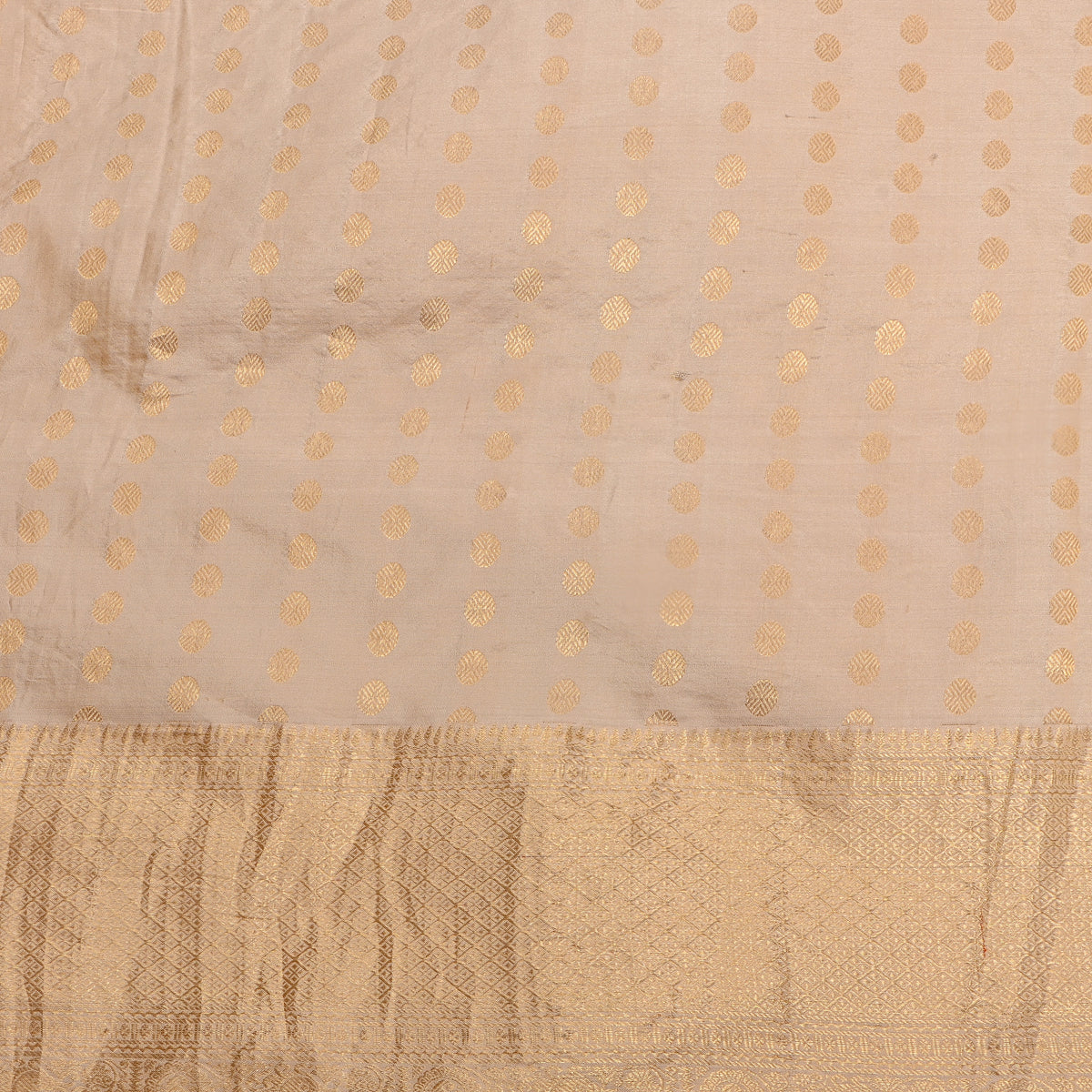 Ivory Gold Zari Butti Jamawar Silk Fabric With Broad Border
