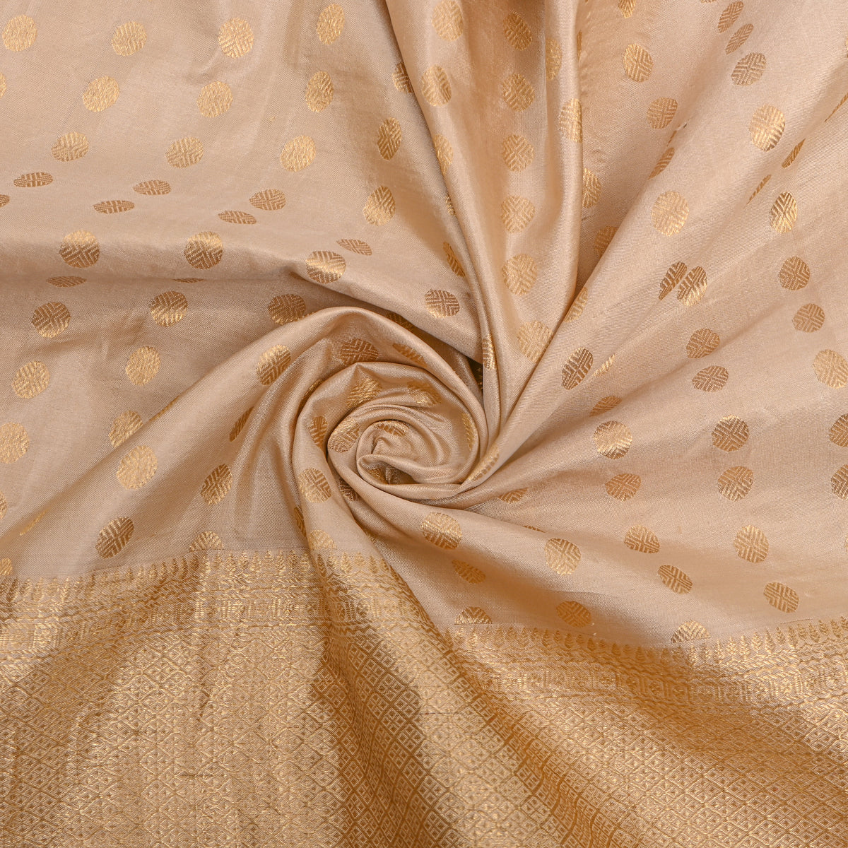 Ivory Gold Zari Butti Jamawar Silk Fabric With Broad Border