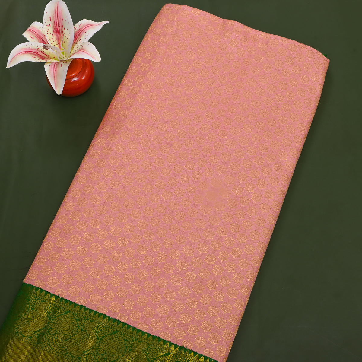Apricot Gold Zari Floral Butti Green Border Kanjivaram Silk Fabric