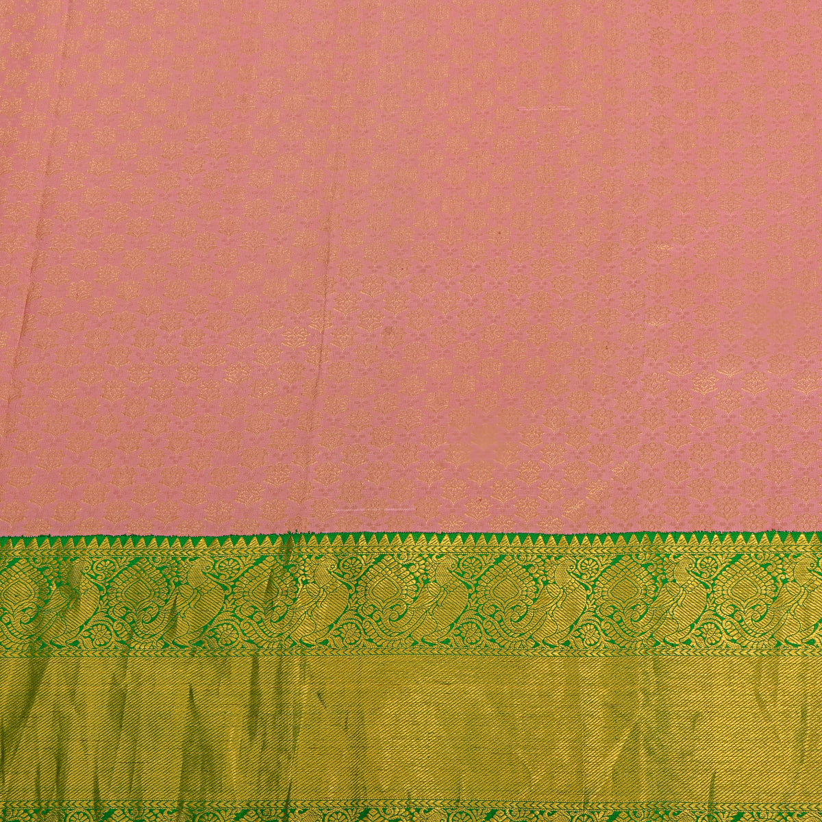 Apricot Gold Zari Floral Butti Green Border Kanjivaram Silk Fabric