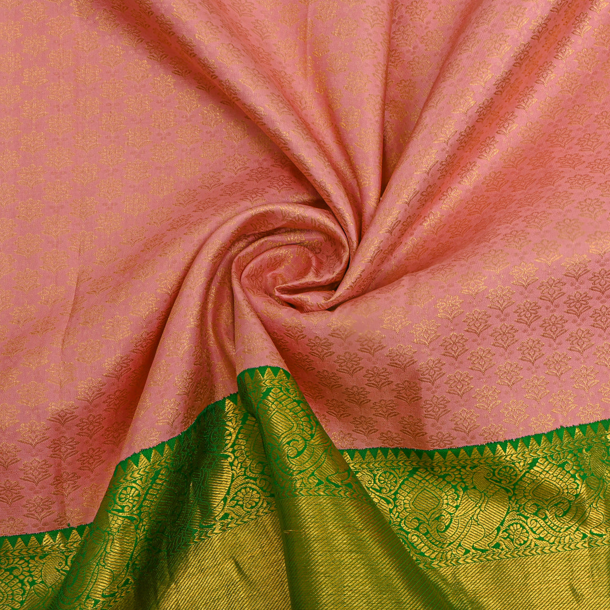 Apricot Gold Zari Floral Butti Green Border Kanjivaram Silk Fabric