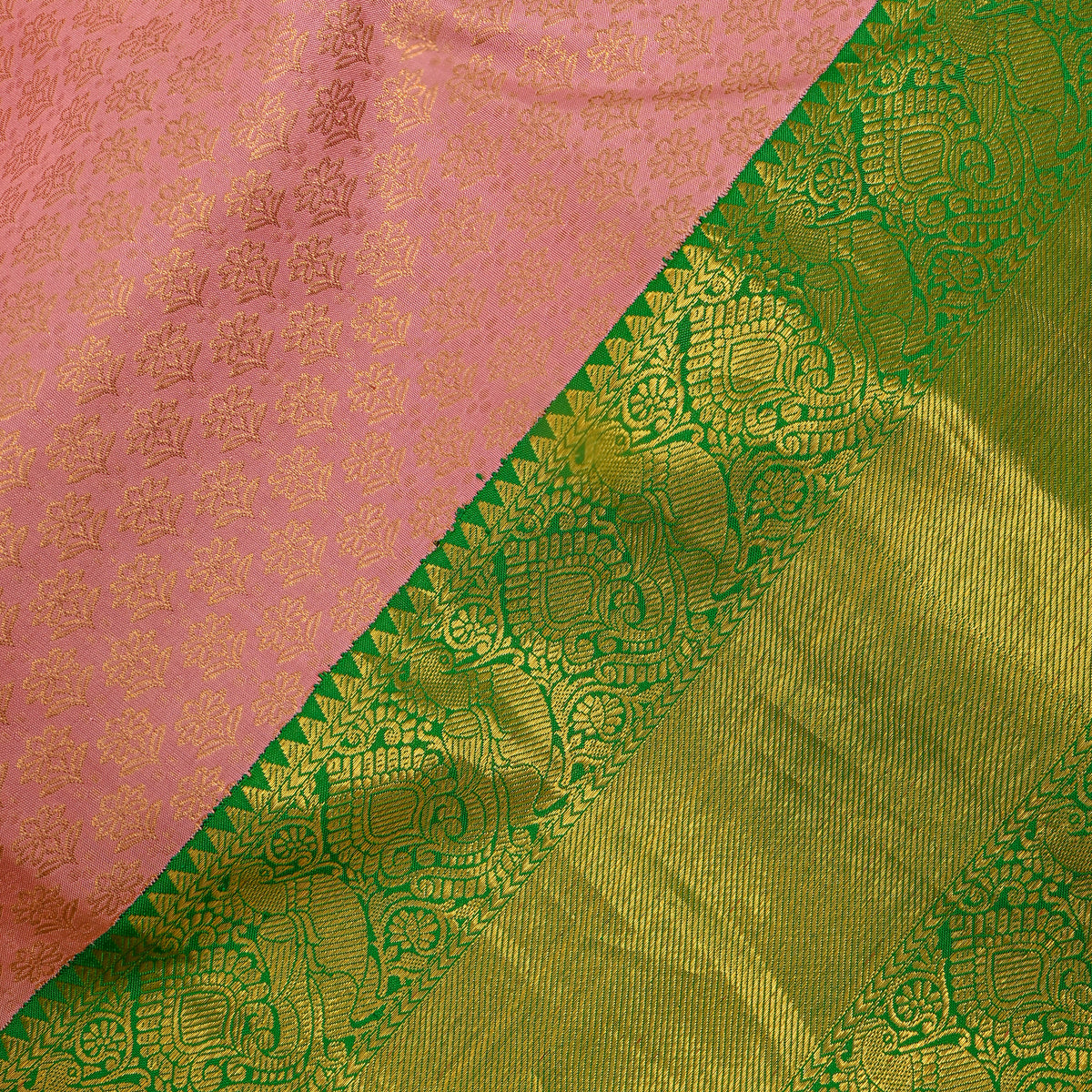Apricot Gold Zari Floral Butti Green Border Kanjivaram Silk Fabric