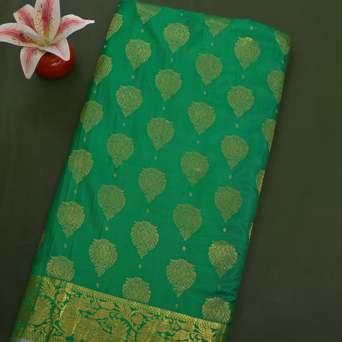 Jade Green Gold Zari Butti Kanjivaram Silk Fabric
