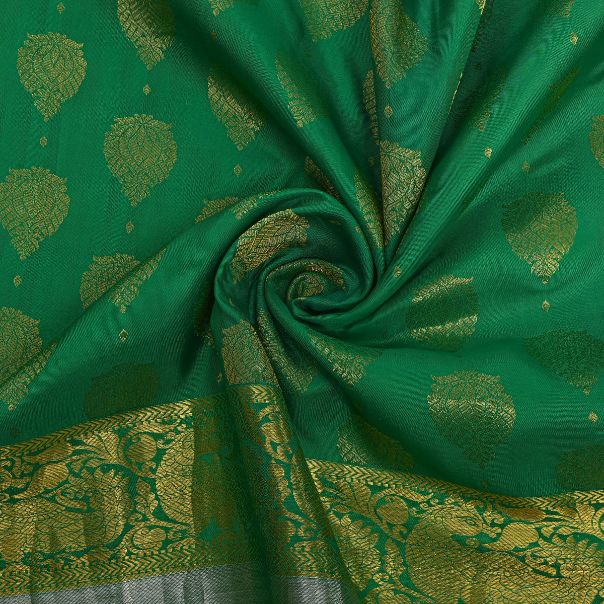 Jade Green Gold Zari Butti Kanjivaram Silk Fabric