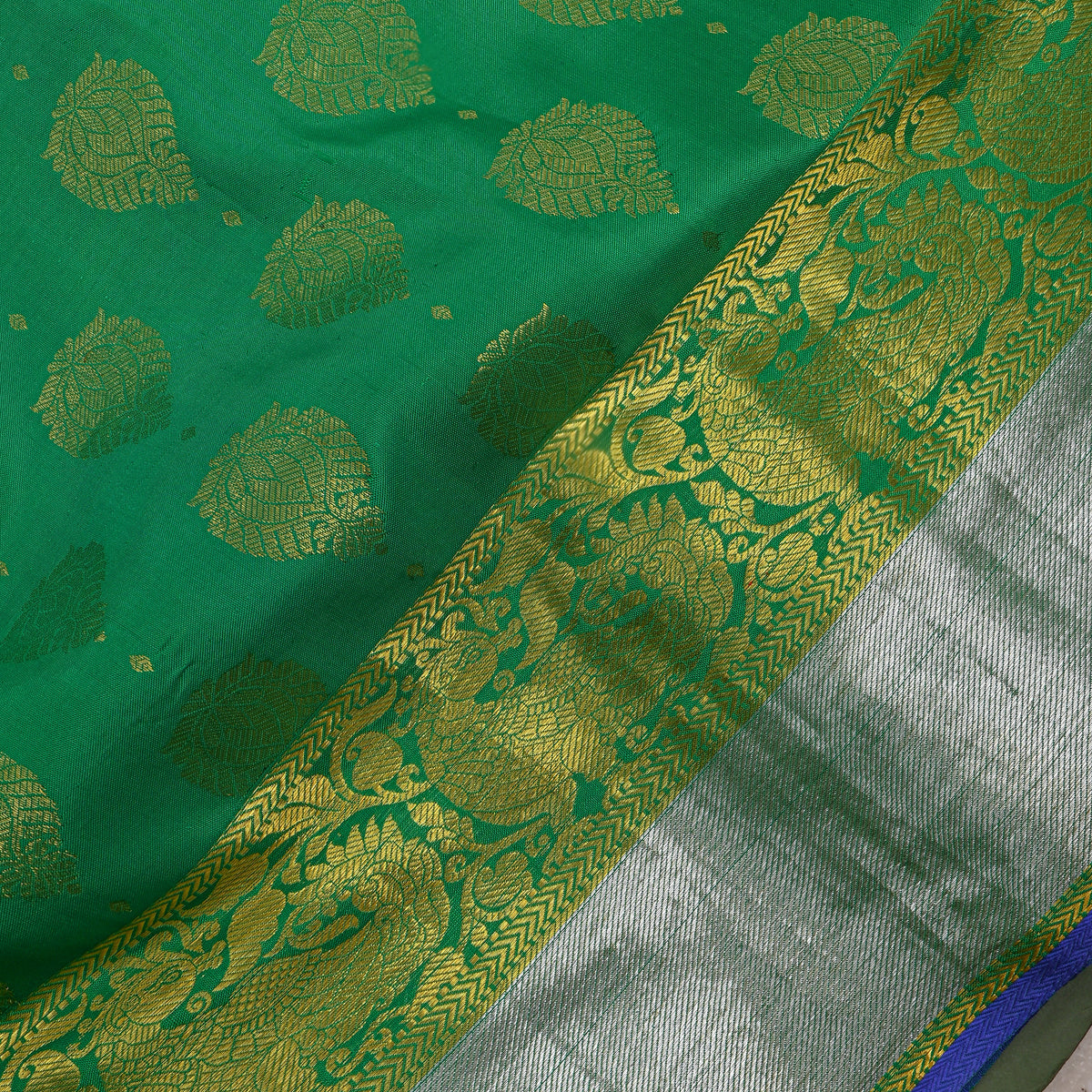Jade Green Gold Zari Butti Kanjivaram Silk Fabric